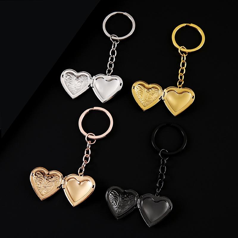 Heart-Shaped Metal Keychain with Cross Pattern and Photo Frame, Stainless Steel, DIY Mirror Finish