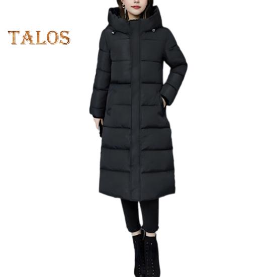 Winter Down Coat Thickened Padded Hooded Stand Collar Knee Length Pockets Zipper Closure Windproof Heat Retention Warm Daily Cold Weather Outwear