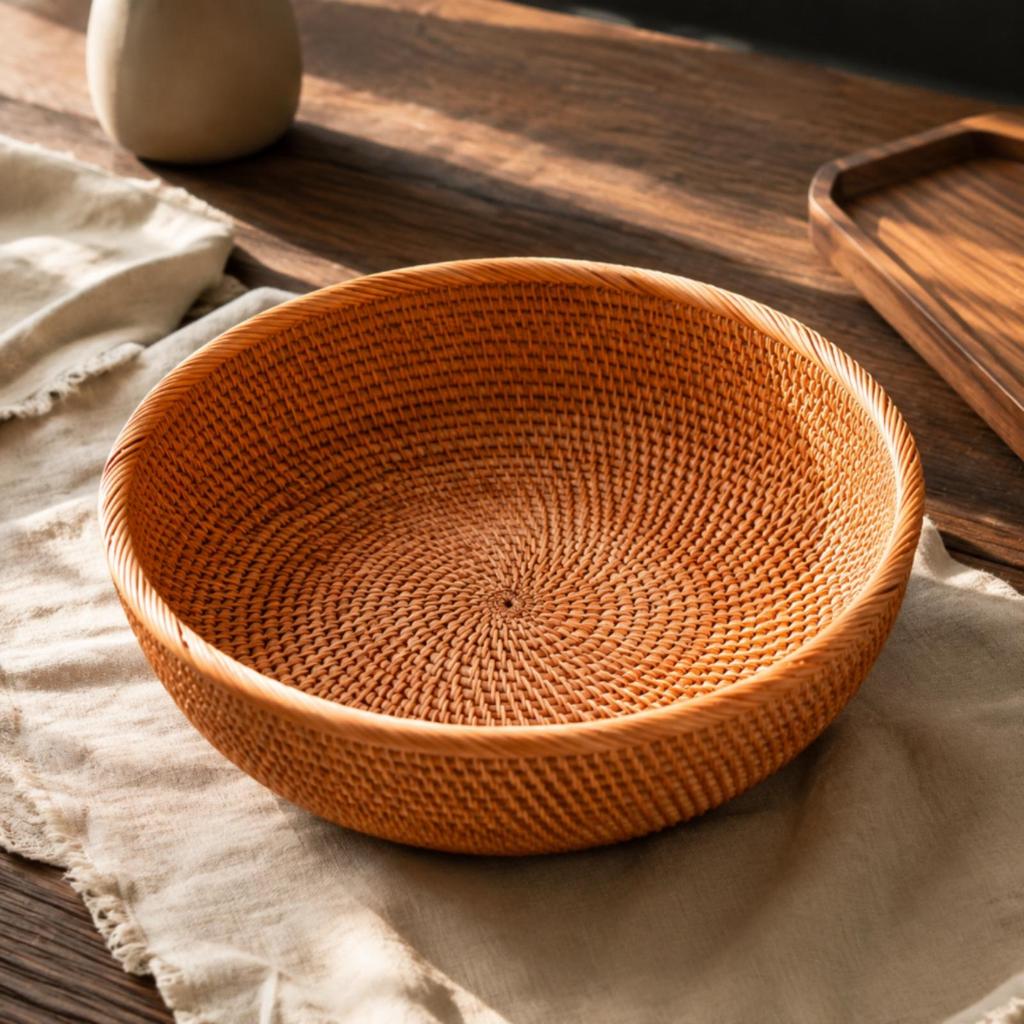 Handwoven Rattan Storage Basket Handmade Round Open Rustic for