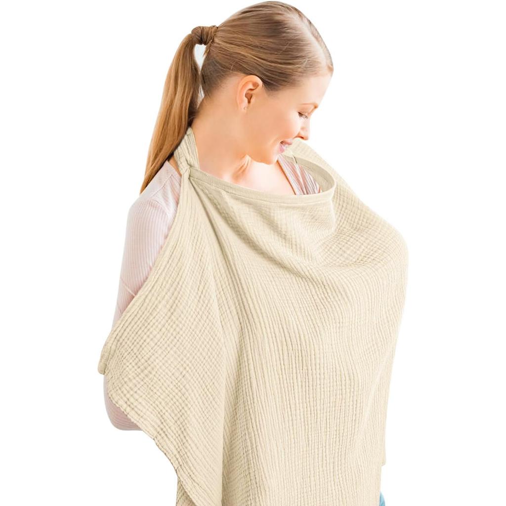 Muslin Nursing Cover for Baby Breastfeeding Breathable Breastfeeding Cover Up with Arch Neckline for Women Nursing Apron Multi-u