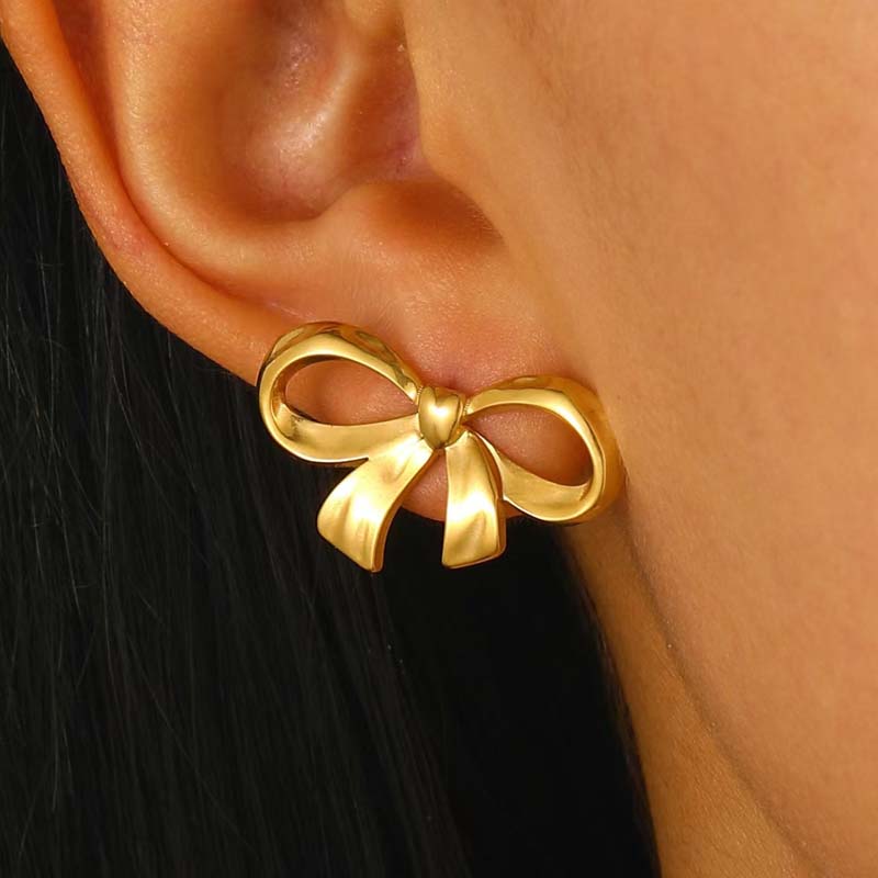 Stainless Steel Bowknot Hoop Huggie Earrings For Women Fashion Gold Color Hollow Bow Tie Drop Earrings Waterproof Jewelry Gifts