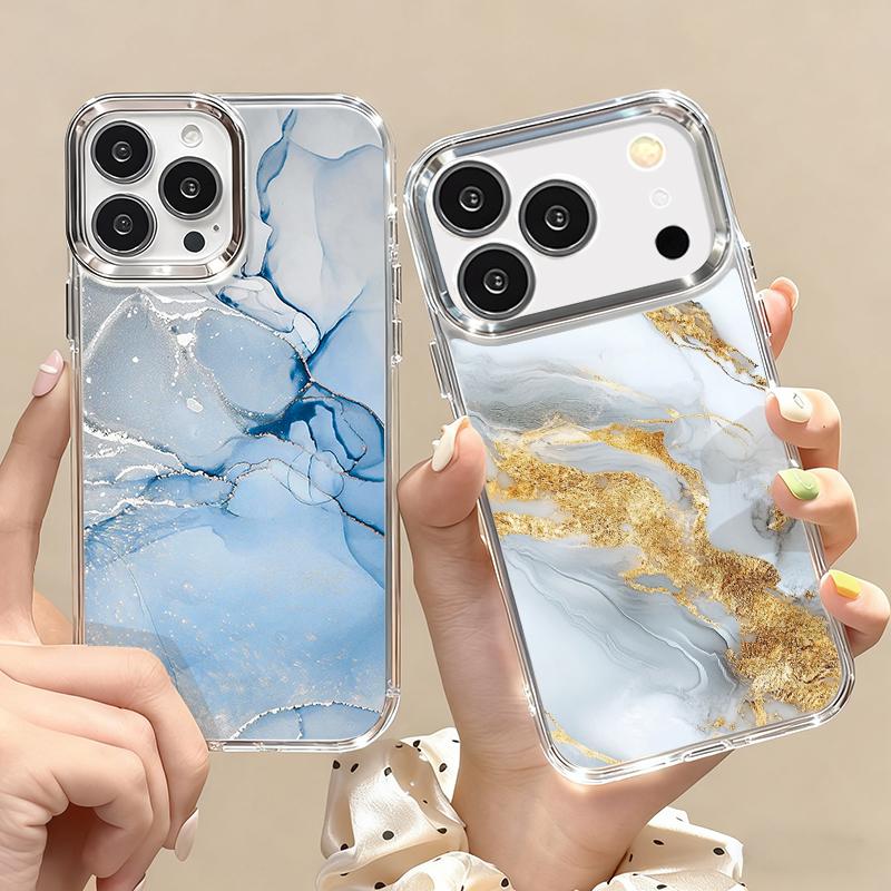 Golden Marble Pattern Phone Case For iPhone 17 Pro Max Plating Lens Frame Clear Soft Cover For iPhone 16 15 14 13 Pro Max 11 16E 17E