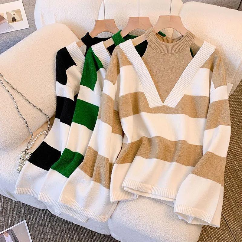 Autumn Winter Women Sexy Off Shoulder Fake Two Piece Knitted Pullover French Style Soft Top Casual Loose Striped Sweater