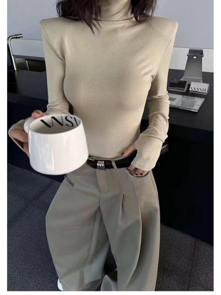 Women's White High-Neck Velvet Long Sleeve T-Shirt with Padded Shoulders - Slim Fit for Autumn/Winter 2025