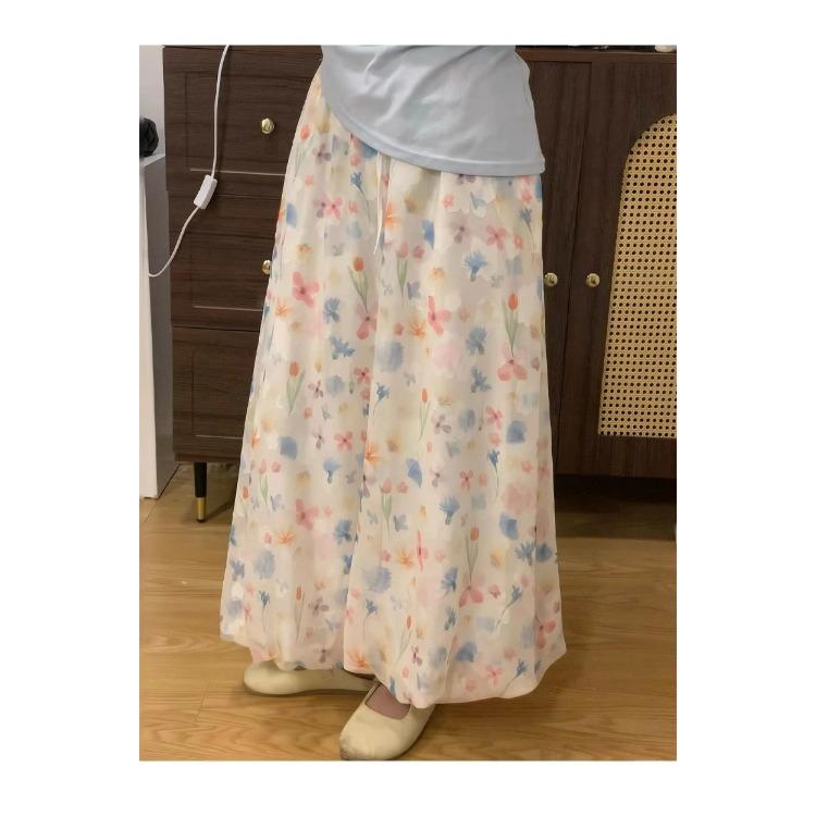 Summer Fashion Floral Print Pants High Waist Wide Leg A Line for Women