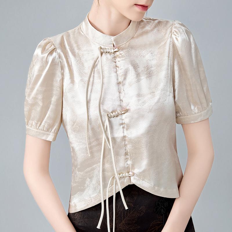 Stand-up Collar Button-up Shirt for Women New Chinese Women's New Silky Satin Shirt Chic Waist Top