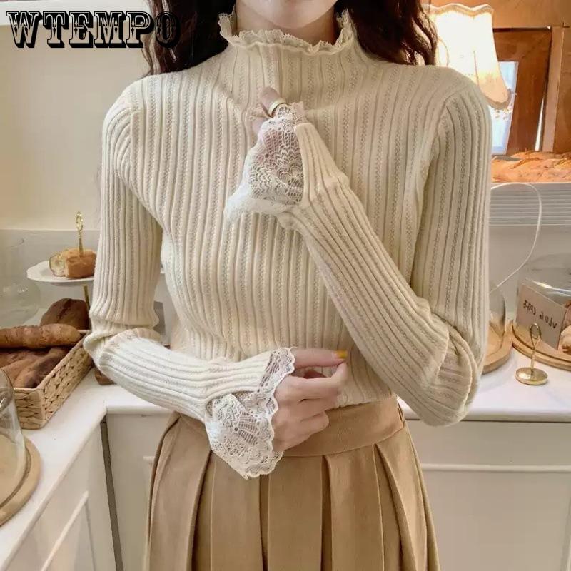 Lace - Trimmed Sweater Women's Spring and Autumn Half Turtleneck Slim Pullover Casual Long - Sleeved Knitted Sweater