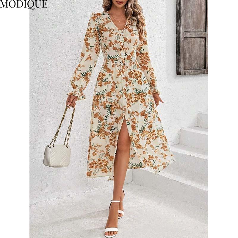 MODIQUE 2025 Summer Plus Size New Women's Sexy Casual Floral Printing Slip Sleeve Cover Long Dress Ladies A-Line Hot V-Neck Dress