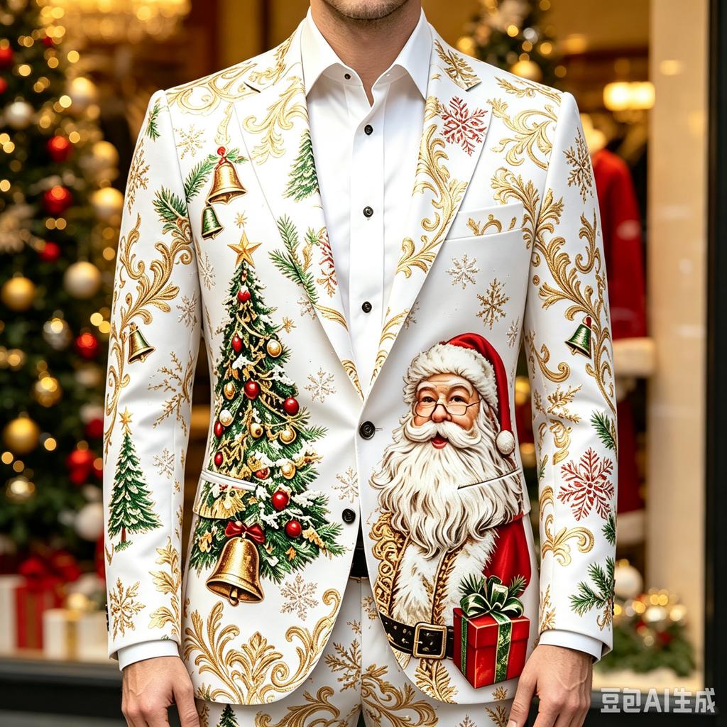 Men's Business Casual Christmas Print Long Sleeve Lapel Jacket No Tie Included