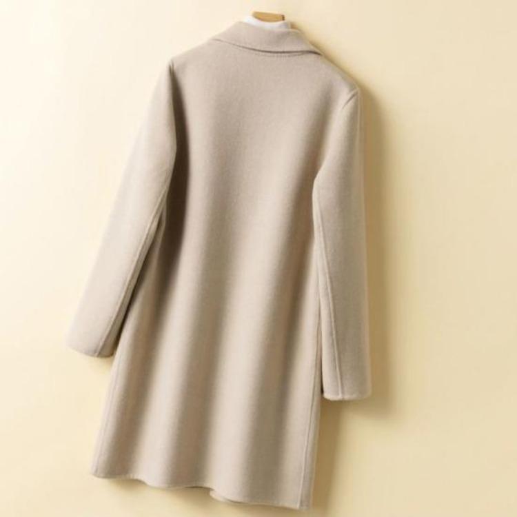 Women Single Breasted Pea Coat Mid Length Wool Blend Trench Coat Notch Lapel