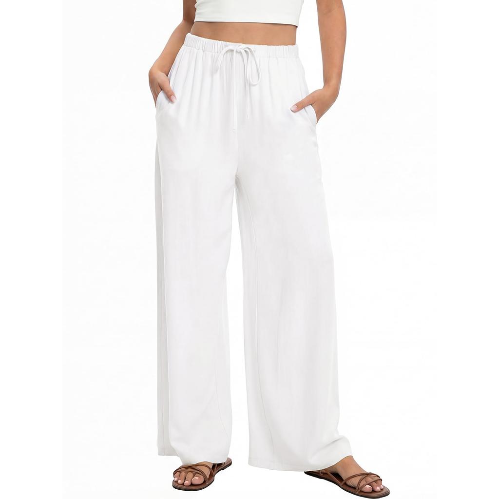Leinen Freizeit Hosen mit weitem Bein für Damen Elastischer Bund Vielseitig Business Casual Arbeit Palazzo Hosen mit Taschen