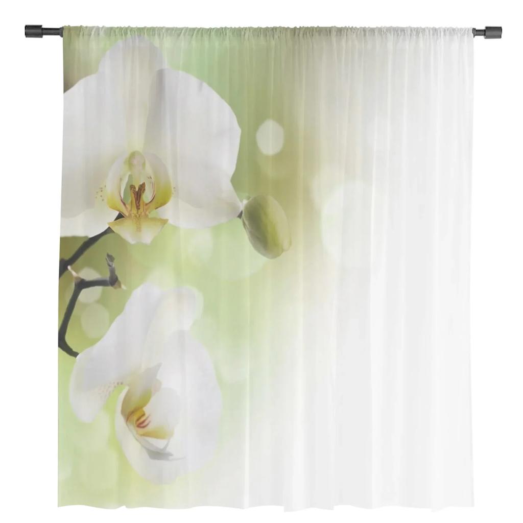 White Phalaenopsis Flower Sheer Curtains for Living Room Decoration Tulle Voile Organza Window Curtains for Kitchen Bedroom