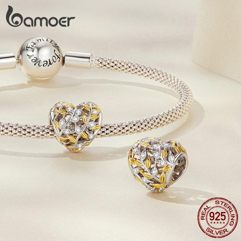 Bamoer 925 Sterling Silver Heart-shaped Leaf Pendant Fit for Women DIY Bracelet & Bangle Plated Gold Heart Charms Fine Jewelry