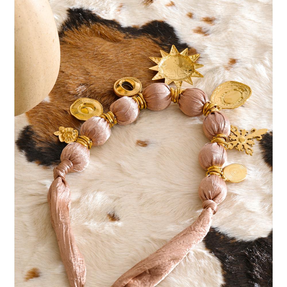 Yhpup Polyester Cloth Wrap Beads Flower Cross Sun Drop Charm Pendant Necklace Stainless Steel Handmade Statement Fashion Jewelry