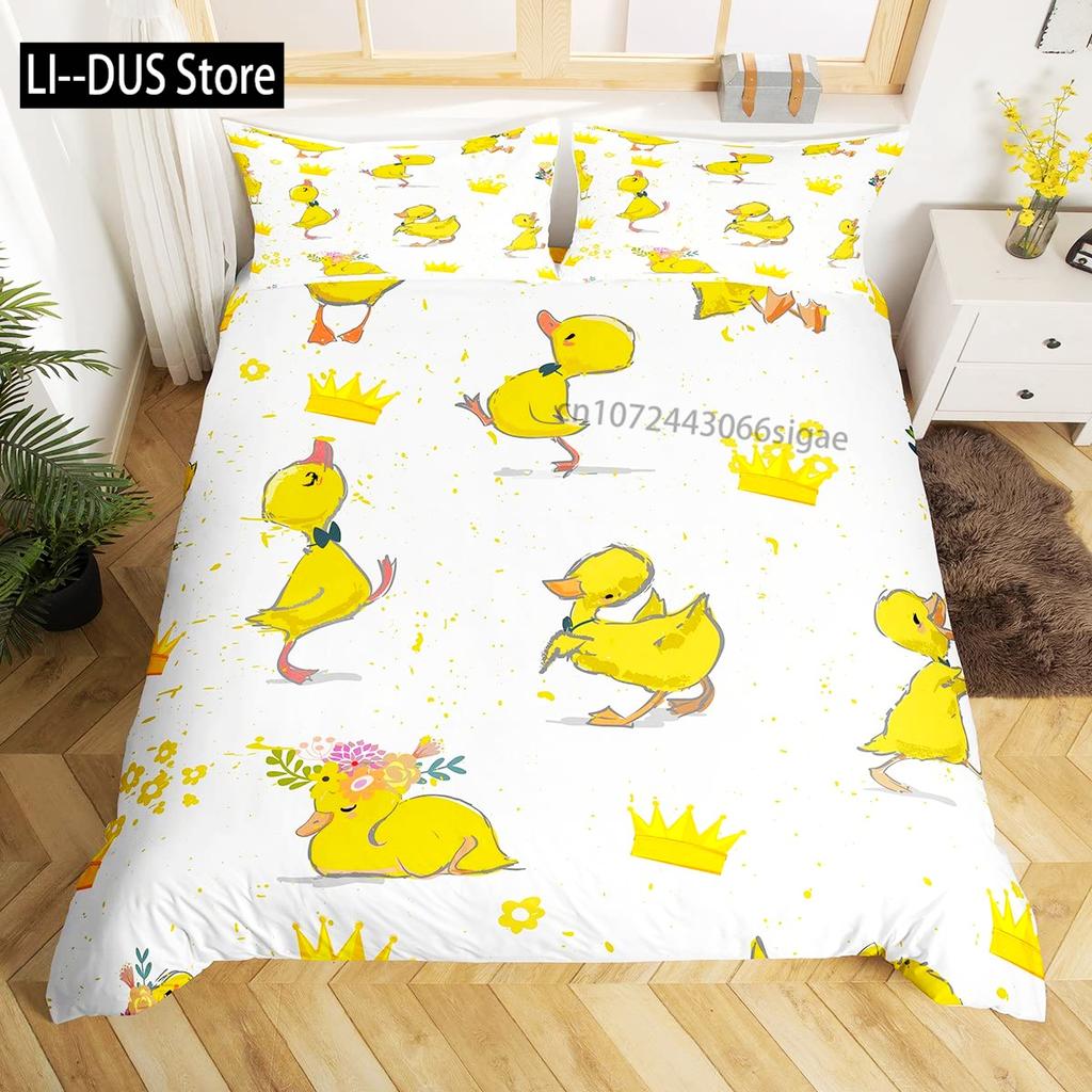 Housse de couette canard de dessin animé pour enfants garçons filles Kawaii canard avec couronne fleurs ensemble de literie housse de couette animal avec 2 taies d'oreiller