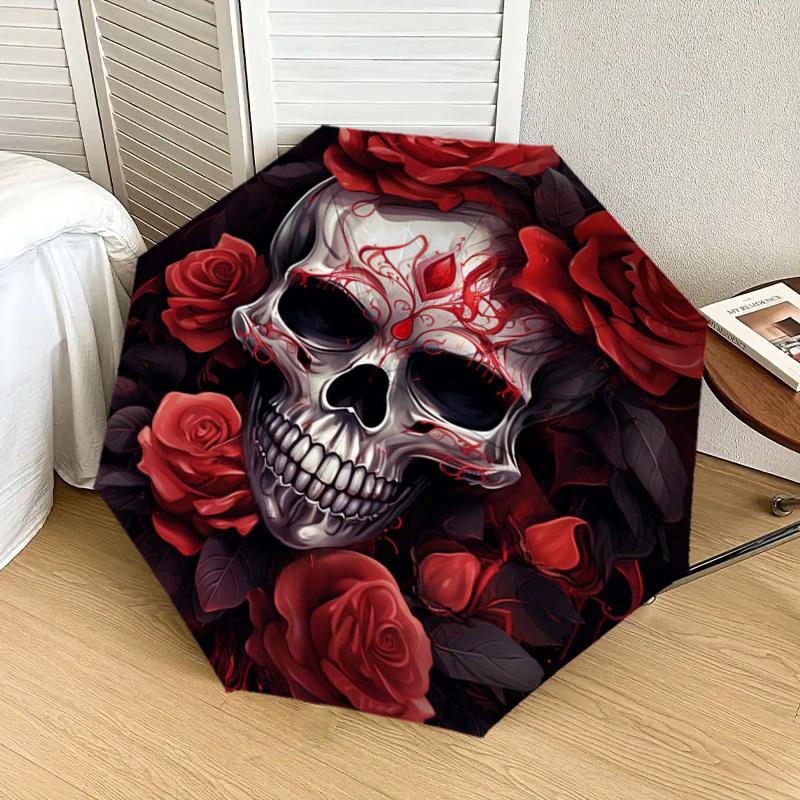 1pc Day of the Dead Skull with Roses Umbrella with Plastic Handle,Suitable for All Seasons Home Travel Outdoor UmbrellaDD272