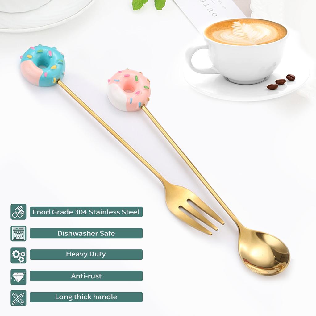 Leeseph Set di cucchiaini da caffè e forchette in acciaio inox, piccoli cucchiaini da tè, mini ciambelle, dessert, gelato, tè, zucchero, agitatori per regalo di Capodanno