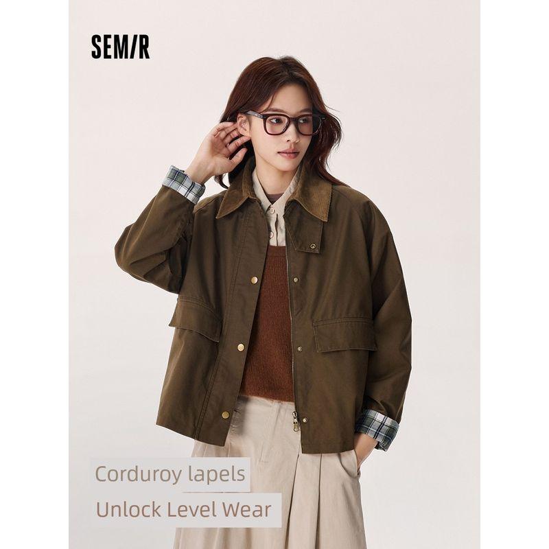 

Senma Outwear Women s Raglan Sleeves Fashion Loose Top Autumn Stitching Corduroy Polo Collar Jacket Plaid Retro Style Green 01309 160/84A/M