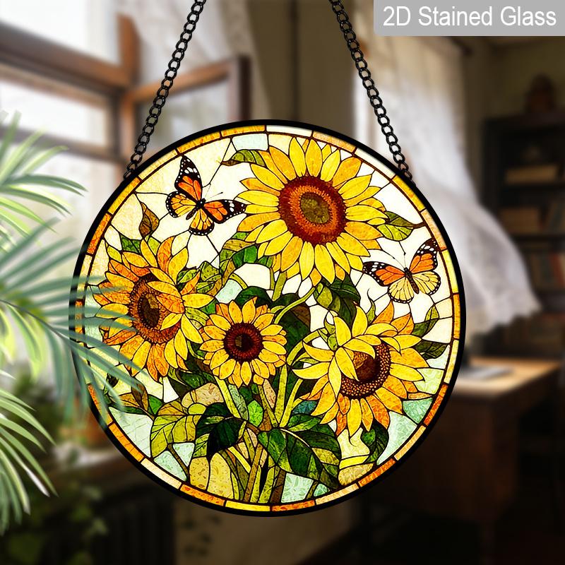 2D Flat Stained Glass Sunflower Window Decoration, 7.87inches Yellow Colored Glass Plate with Chain, Charming Spring Summer Home Decor, Unique
