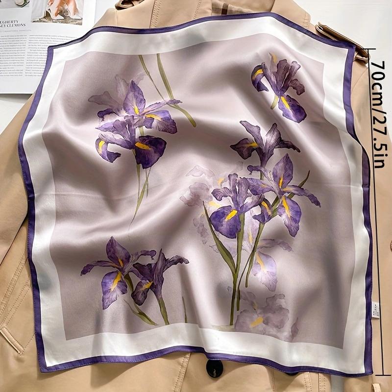 1pcs 70cm Hibiscus Flower Pattern Silk Scarf for Women Simulated Silk Purple Floral Scarfs Versatile Decorative Square Scarf