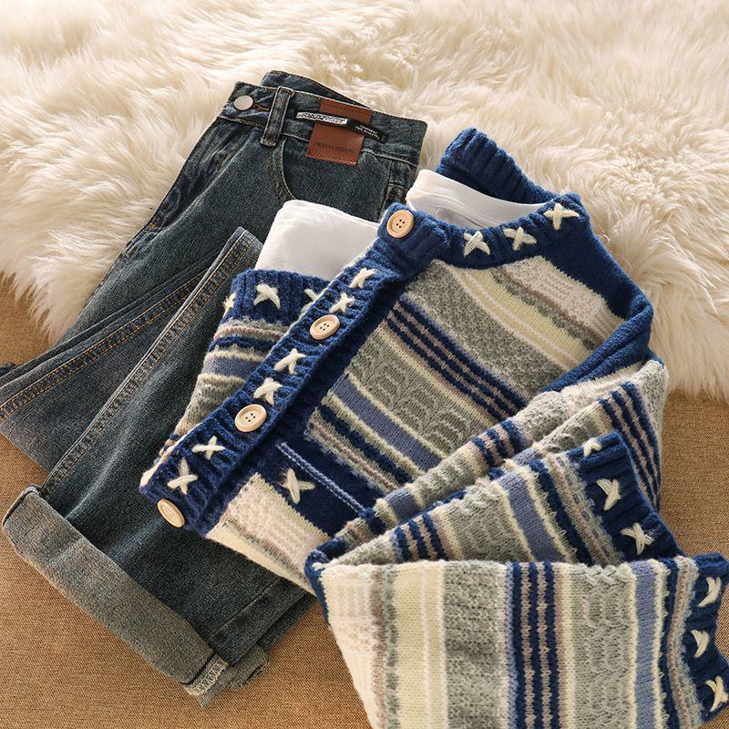 Chic Women's Vintage Color Block Knit Cardigan & High Waist Jeans Set for Autumn/Winter