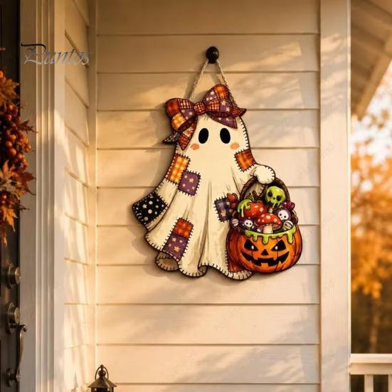 Halloween Theme Pendant Cute Bow Ghost Door Sign, Wooden Patchwork Hanging Plaque with Pumpkin Candy Basket, Indoor Entrance Hanger Retro Wall Lanyard