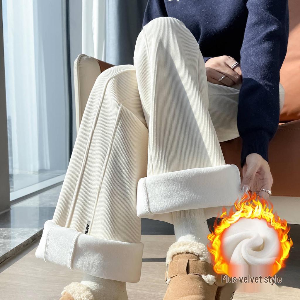 Women's High Waist Corduroy Chenille Flare Pants with Fleece Lining - Slimming and Wide Leg Trousers for Autumn/Winter 2025