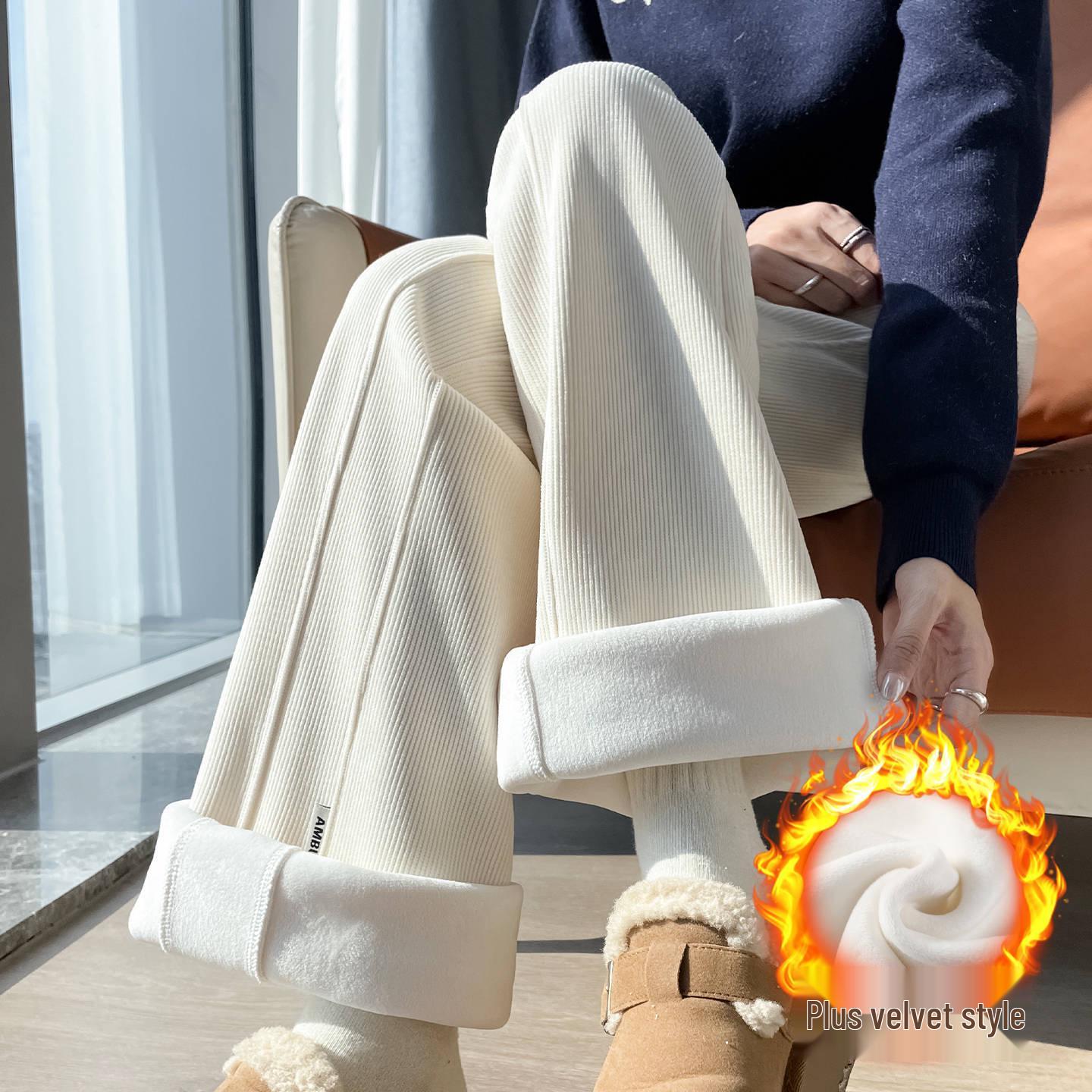 

Женские вельветовые брюки клеш с высокой талией и подкладкой из флиса - Утягивающие брюки с широкими штанинами для осени/зимы 2025 2XL