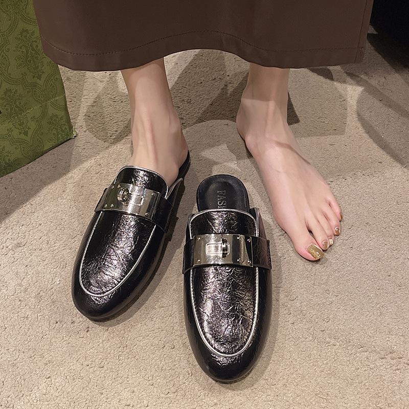 Baotou Half Slippers Women's Outer Wear 2025 New Kelly Buckle Leather Flat Bottom Muller Drag Versatile Sandals Women