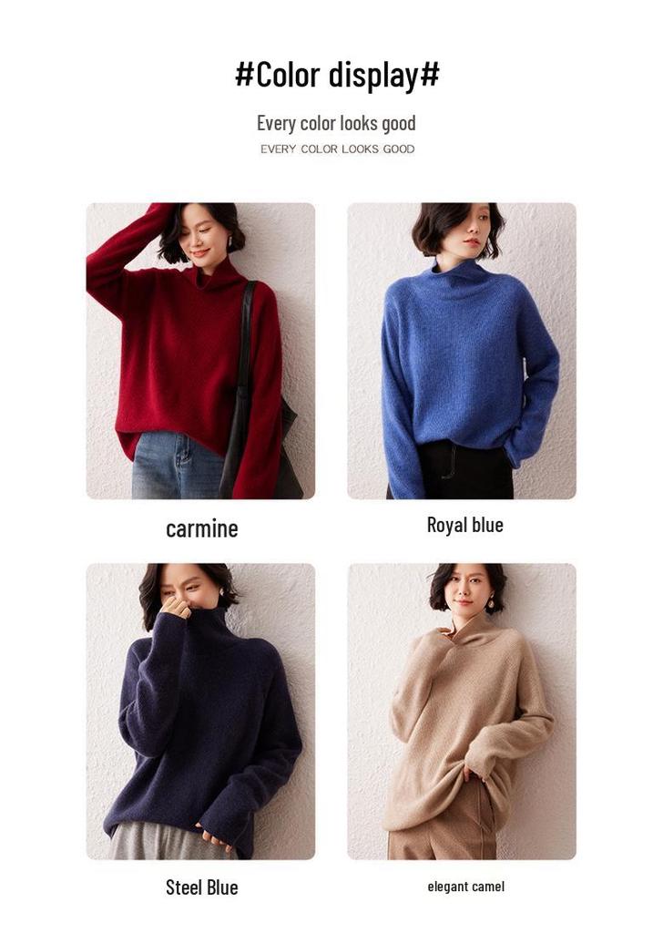 Women's High Neck Cashmere Sweater - 2026 Autumn/Winter Ribbed Knit, Simple Loose Fit, Slimming & Warm
