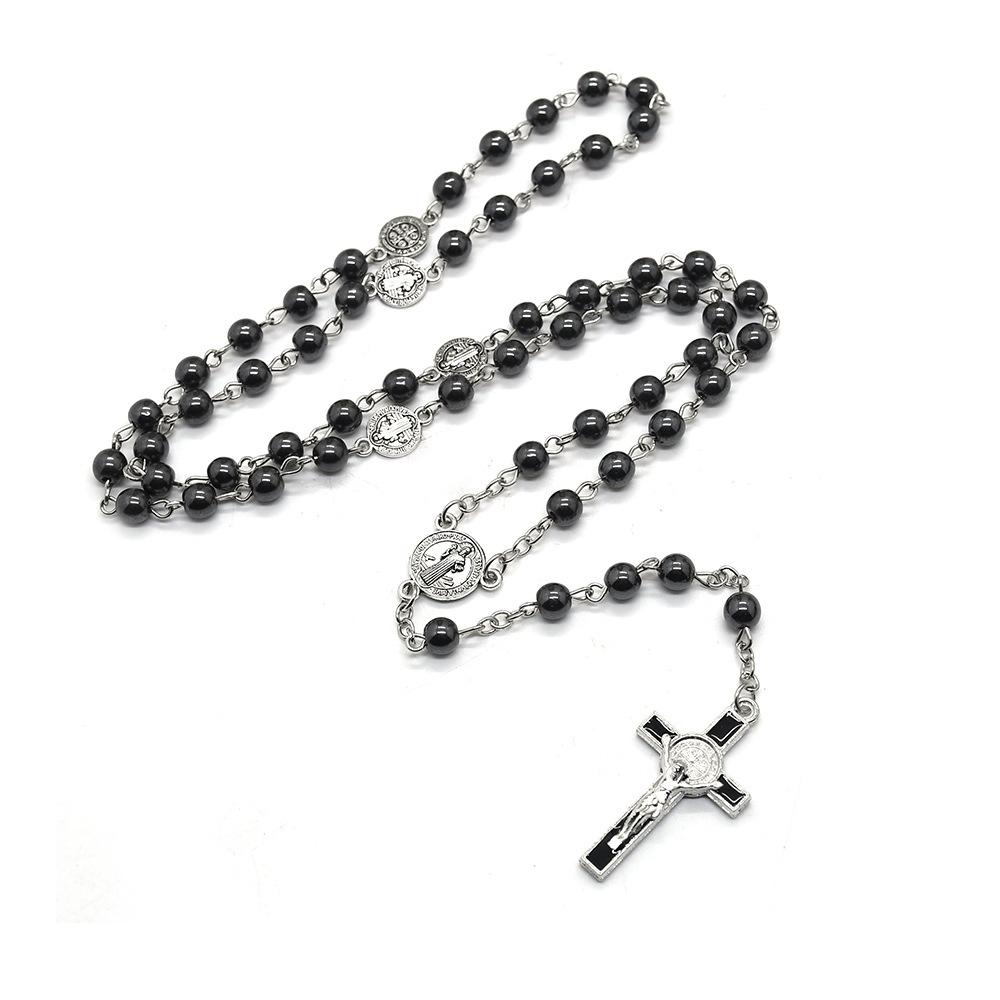 Retro Religion Belief Catholic Cross St. Benedict Black Gallstone Prayer Rosary Pendant Necklace Men Accessories Jewelry Gift