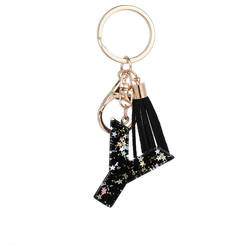 Black Glitter Star Sequins Resin 26 Letters Keychain Initials A-Z Keyring Tassel Charm Accessories Backpack Hanging Decoration