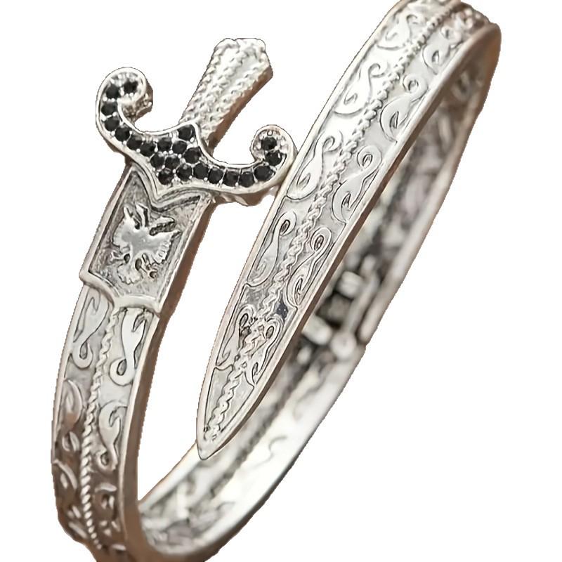 Fashion Black Diamond Sword Bangle: Black Women's Ring with European, American, and Korean Style Thai Silver.
