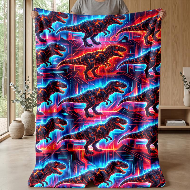Cyberpunk Dinosaur Pattern Blanket Personalized Name Flannel Blanket Soft Cozy Plush Throw for Sofa Bed Lightweight Home Decor