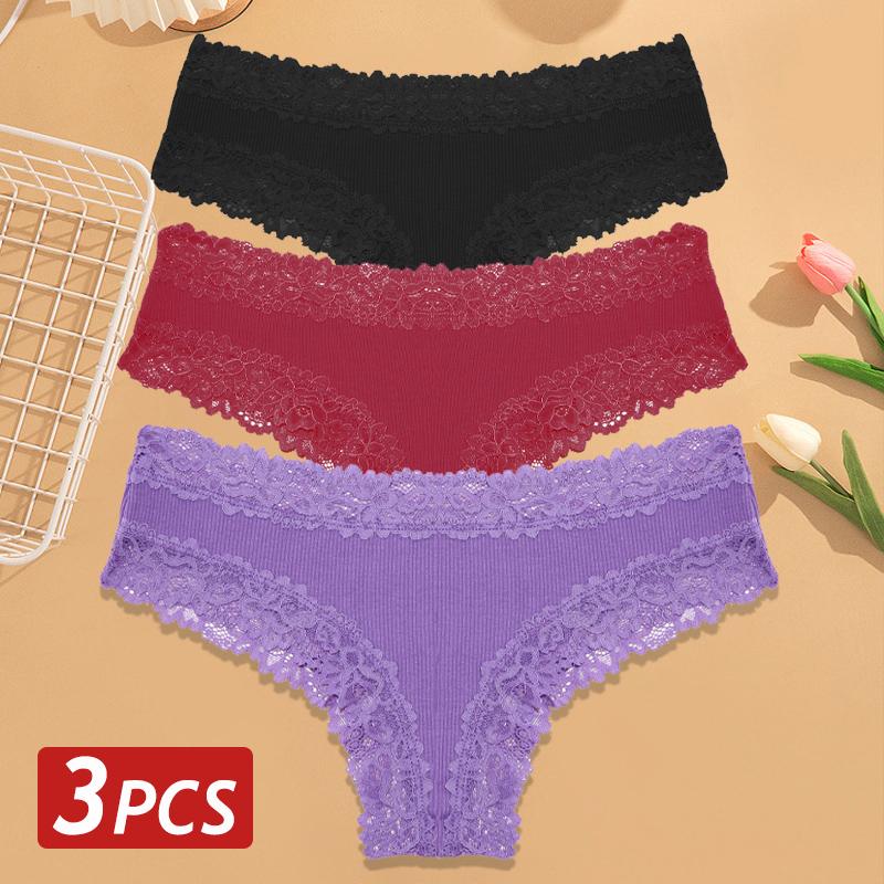 3PCS/Set Women Cotton Panties Floral Lace Brazilian Panties Sexy Low Waist Lingerie Female Soft Underwear Solid T-Back Bikini
