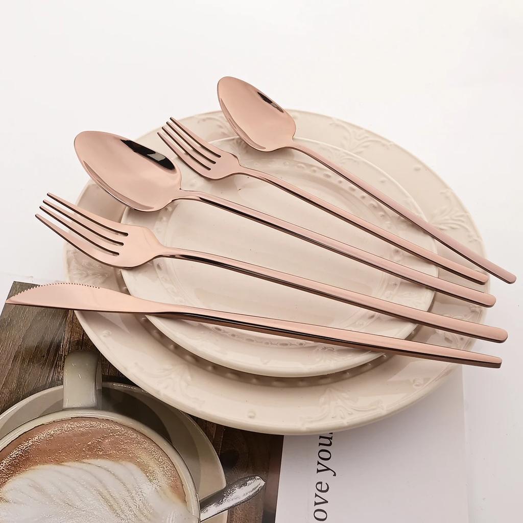 40pcs Rose Gold Dinnerware Set Mirror Fork Knife Spoon Tableware Western Stainless Steel Cutlery Set Dessert Fork Spoon Flatware