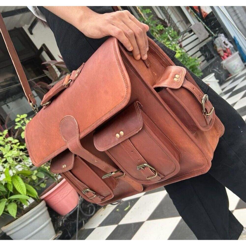 New Shoulder Handmade Men's Goat Leather Messenger Laptop Bag Genuine
