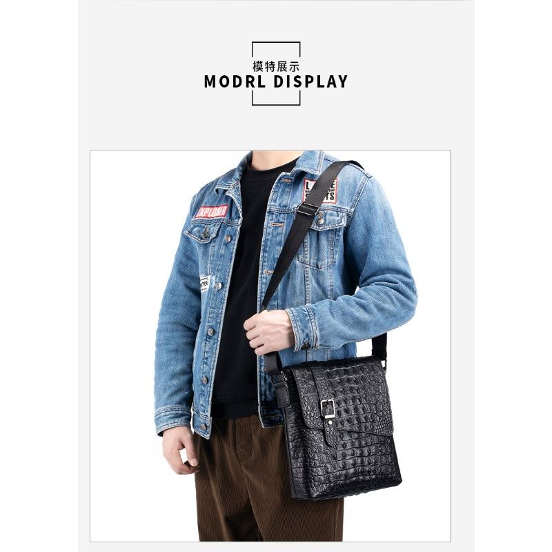 New Top Layer Cowhide Men's Crocodile Pattern Shoulder Bag, Retro Leather Men's Crossbody Bag