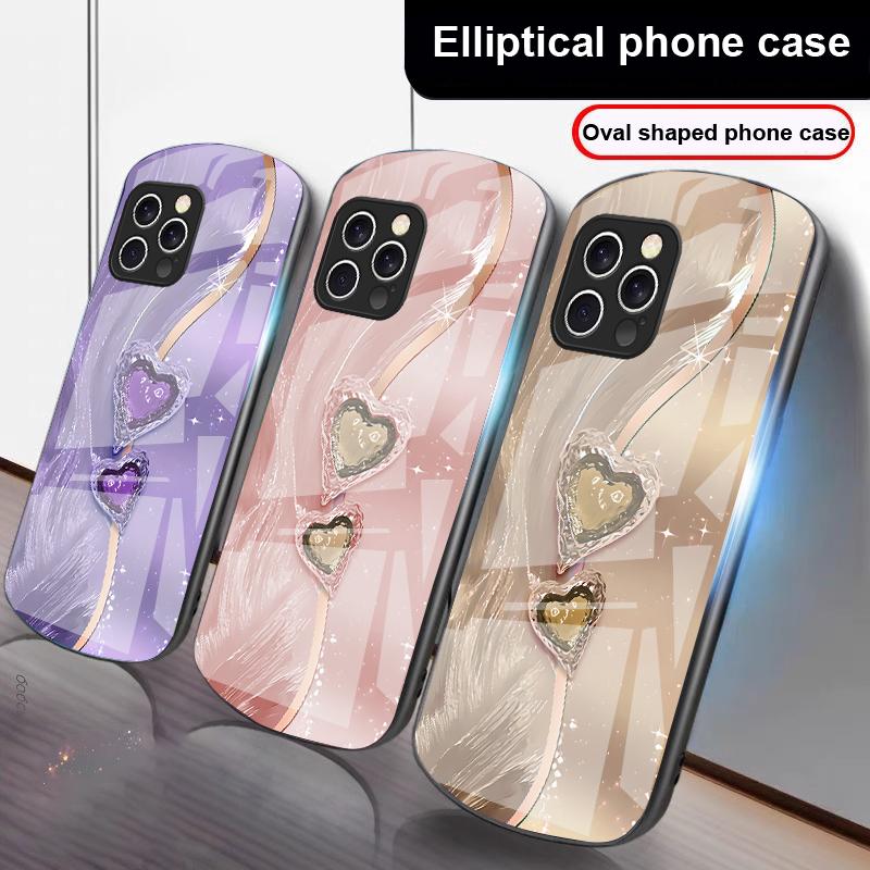 Amber Double Love For IPhone 16 Pro Max 15 Pro 14 13 12 Mini 11 XS Max XR 7 8 Plu SE 2022 Elliptical Glass Phone Case