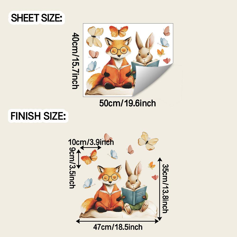 Cartoon Rabbit and Fox Reading Books and Fluttering Butterflies Home Background Wall Decoration Stickers