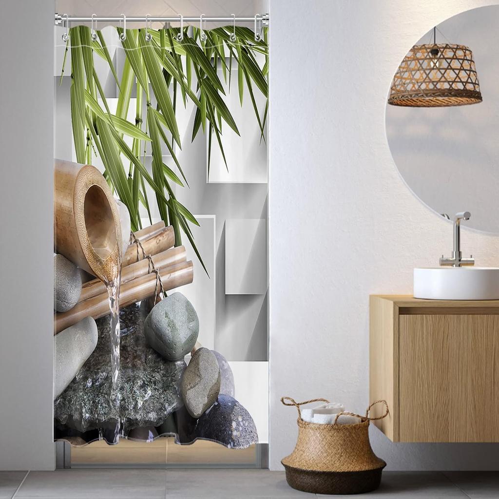 Japanese Shower Curtain Black Bamboo Bath Curtain Red Sun and Mountains Asian Ink Painting Anime Bathroom Curtain Set with