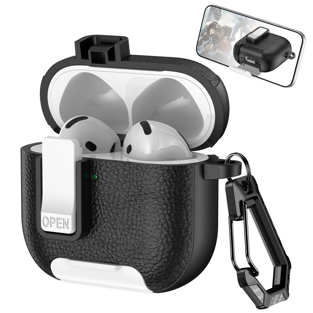 Für AirPods 4 Schutzhülle mit Ständer Leder mit Litschi-Textur TPU + PC Kopfhörerhülle mit Verschluss und Karabiner