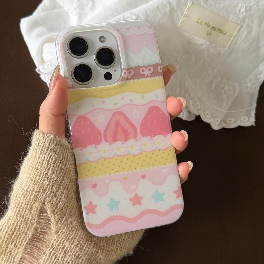 Sweet Cute Girl Series Lace Bowknot Cream Strawberry Cake Stars Shock Proof Phone Cover Case for iPhone 17 16 15 14 Pro Max