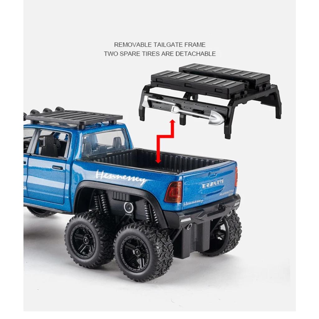 1/32 Dodge RAM 1500 TRX 6X6 Tyrannosaurus Rex Picku Alloy Car Model Sound and Light Children's Toy Collectibles Birthday Gift