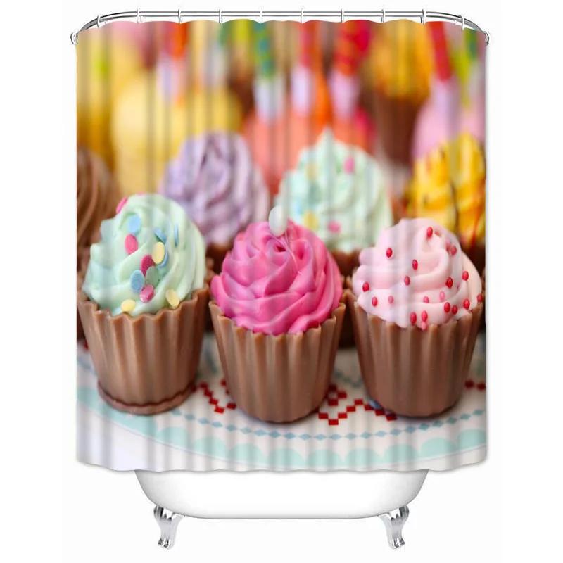 

Dessert Cupcake Printed Shower Curtains Delicious Food Bathroom Curtain Waterproof Fabric Screen Home Decoration With Hooks W60H190(CM)-1 Pcs
