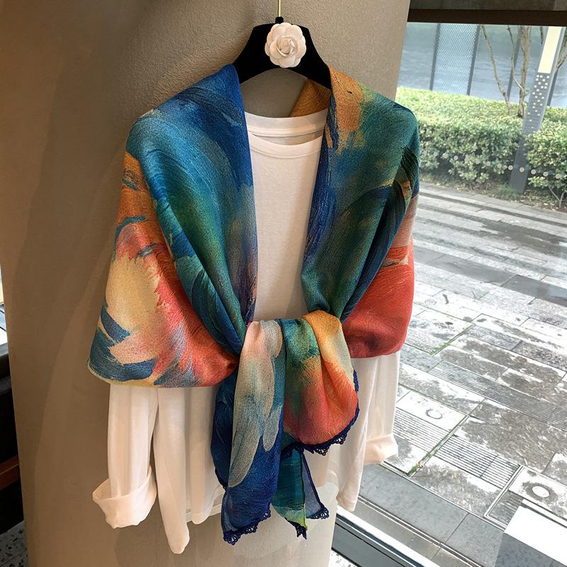 National Style Plant Cut Print Silk Scarf Women'S Summer Sunscreen Shawl Versatile High-End Silk Scarf Long Outer Fit