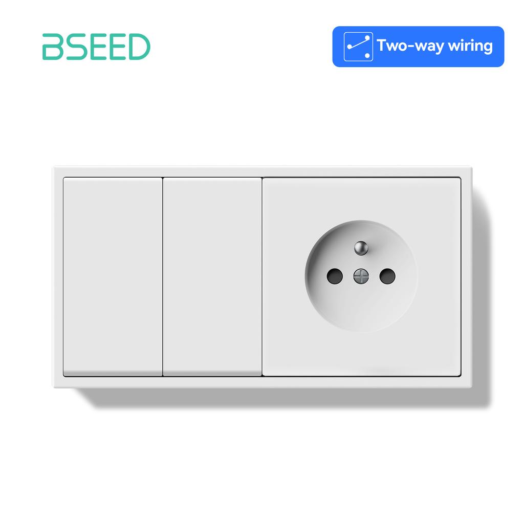 BSEED 1/2Gang Mechanical Button Light Switch 1/2Way Wall Switches Plus French Sockets Power Outlets Plastic Panels White Series