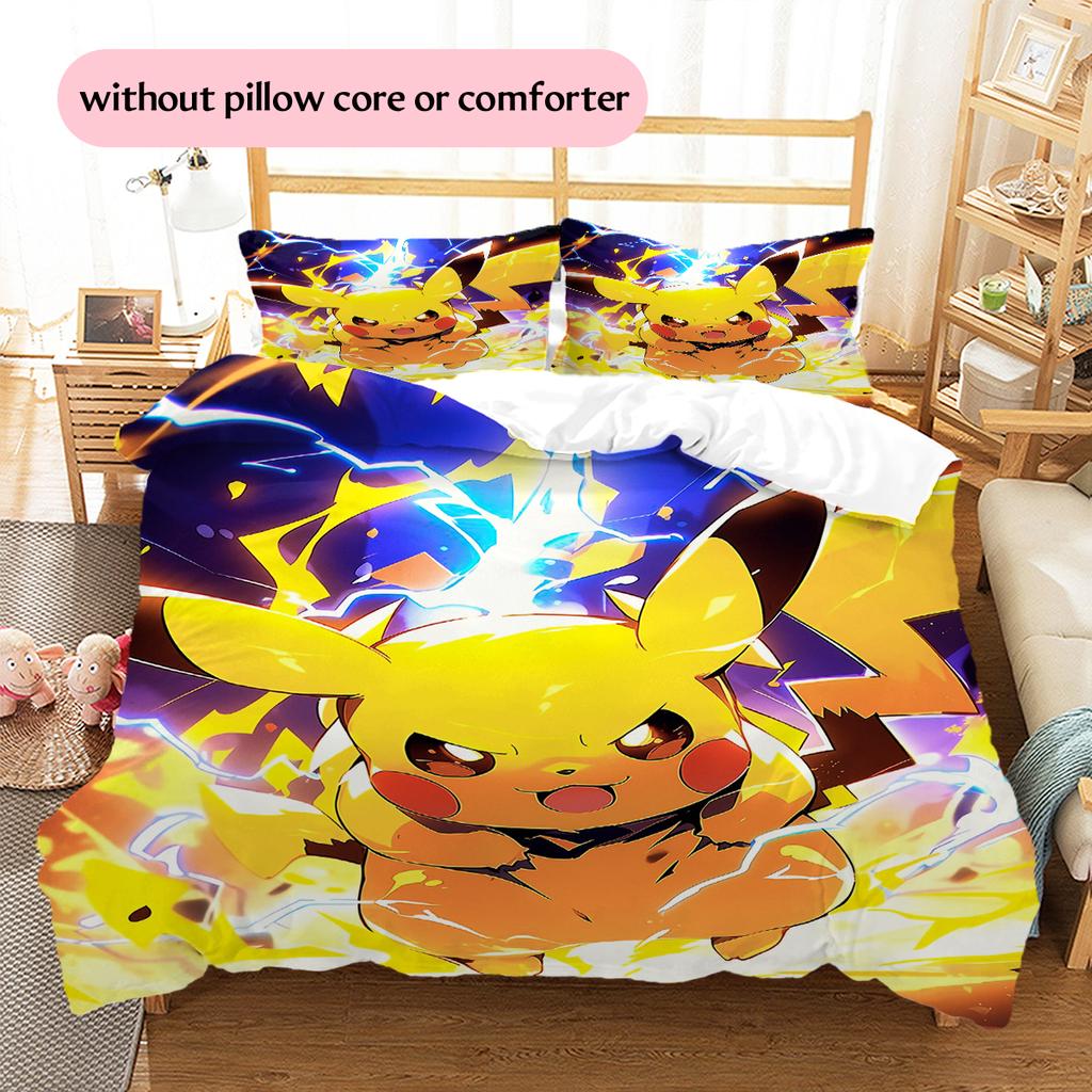 Pikachu Muster Bettwäsche Heimdekoration Geburtstagsgeschenk (1 Bettbezug + 2 Kissenbezüge, ohne Füllung)