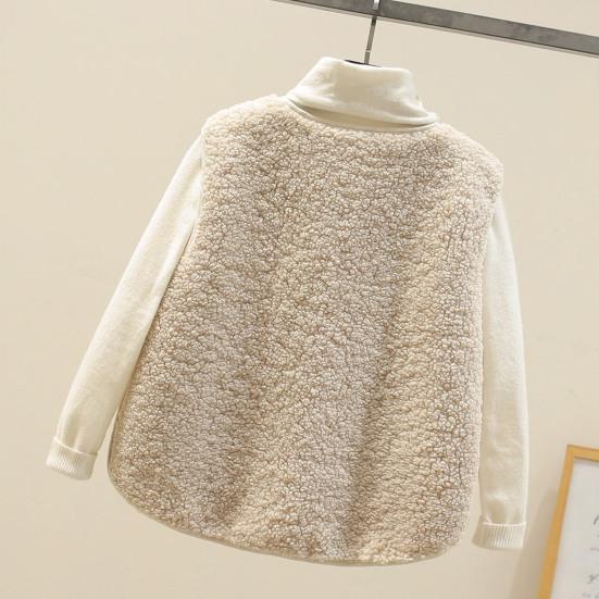 Women Autumn Winter Vest Coat Solid Sleeveless Faux Color Lamb Wool Waistcoat Short