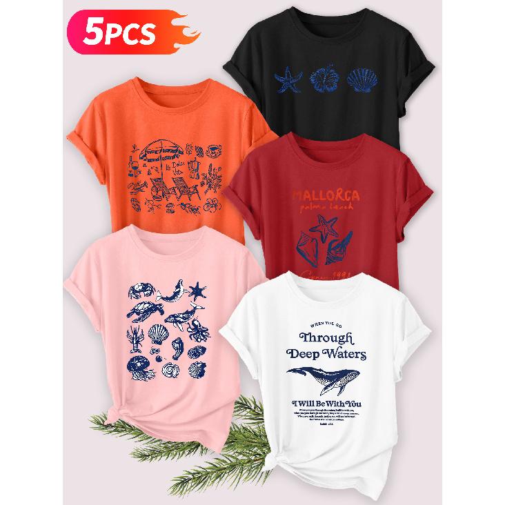 Five-piece set Elegant short-sleeved shirt for women Beach vacation series printed round-neck women's short-sleeve shirt suitable for spring and